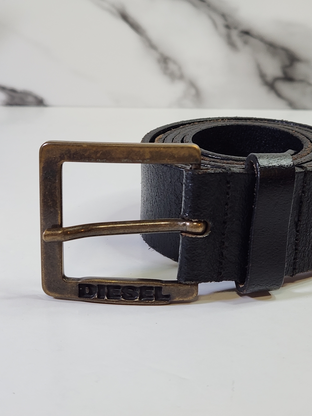 Diesel Genuine Leather Belt with Antique Brass Buckle, Vintage Style.